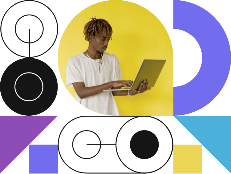 Geometric shapes surrounding the photo of a Black man working on a laptop